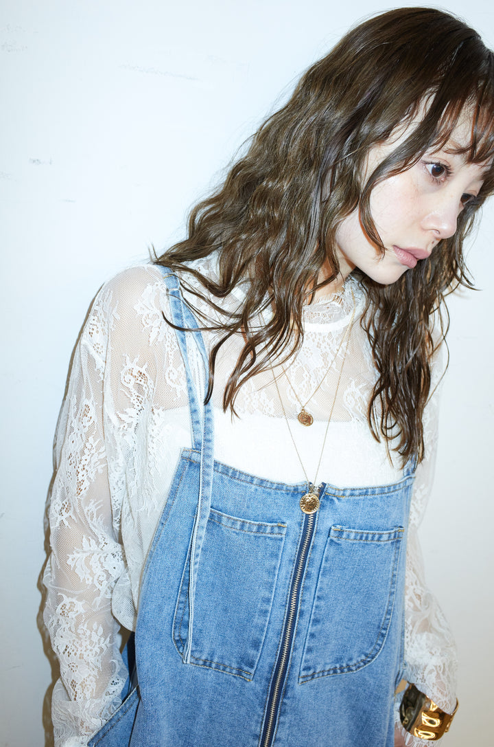 [予約/SET]シアーレースブラウス+フロントジップストラップデザインデニムサロペット(2set)