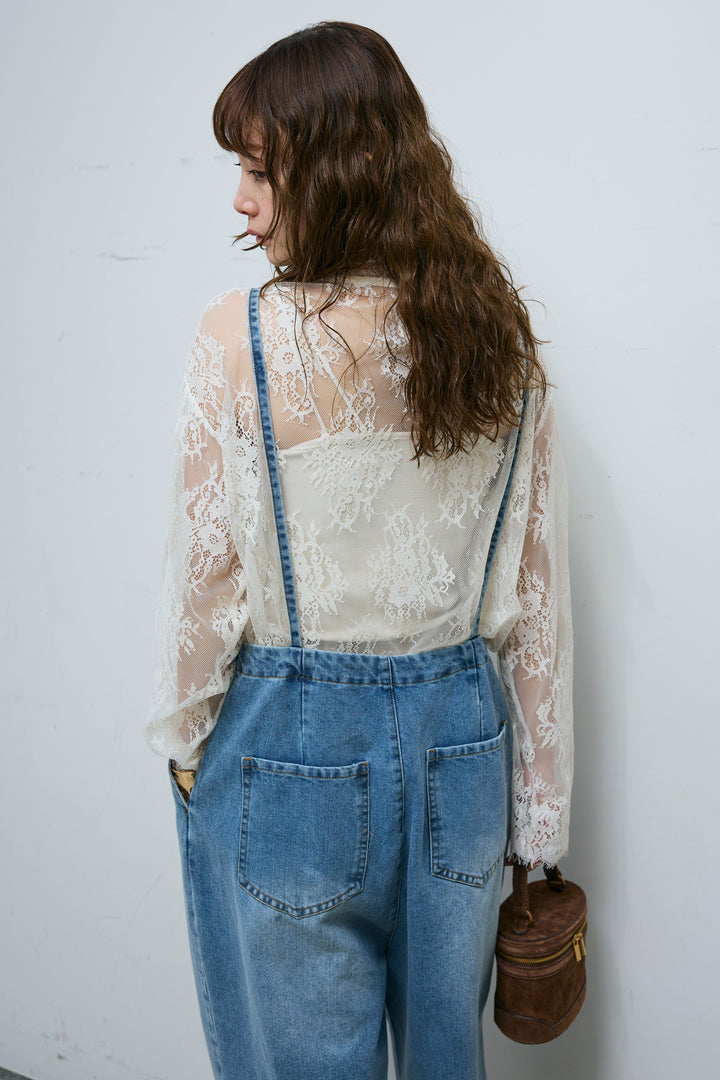 [予約/SET]シアーレースブラウス+フロントジップストラップデザインデニムサロペット(2set)