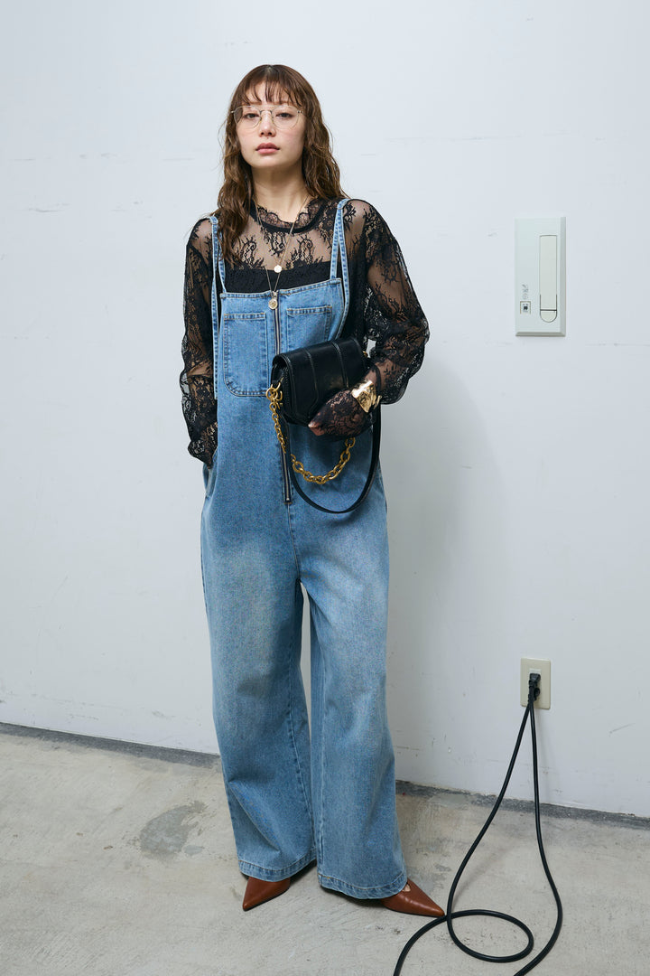 [予約/SET]シアーレースブラウス+フロントジップストラップデザインデニムサロペット(2set)