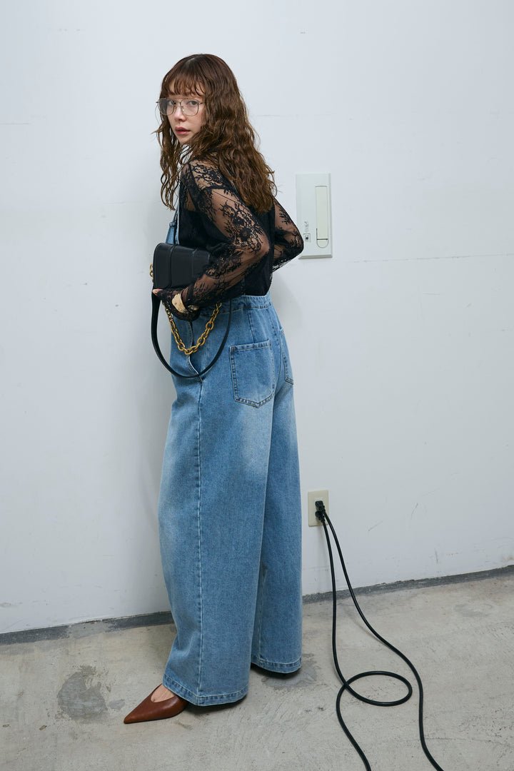 [予約/SET]シアーレースブラウス+フロントジップストラップデザインデニムサロペット(2set)