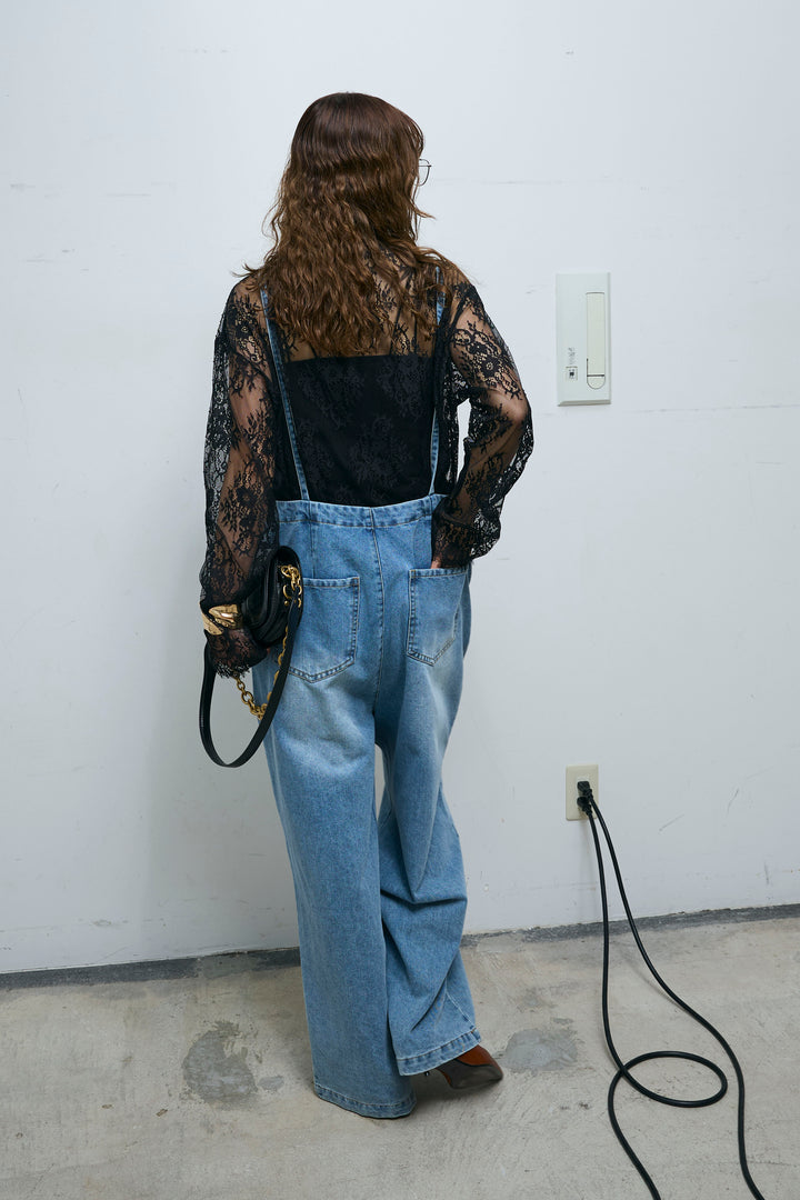 [予約/SET]シアーレースブラウス+フロントジップストラップデザインデニムサロペット(2set)