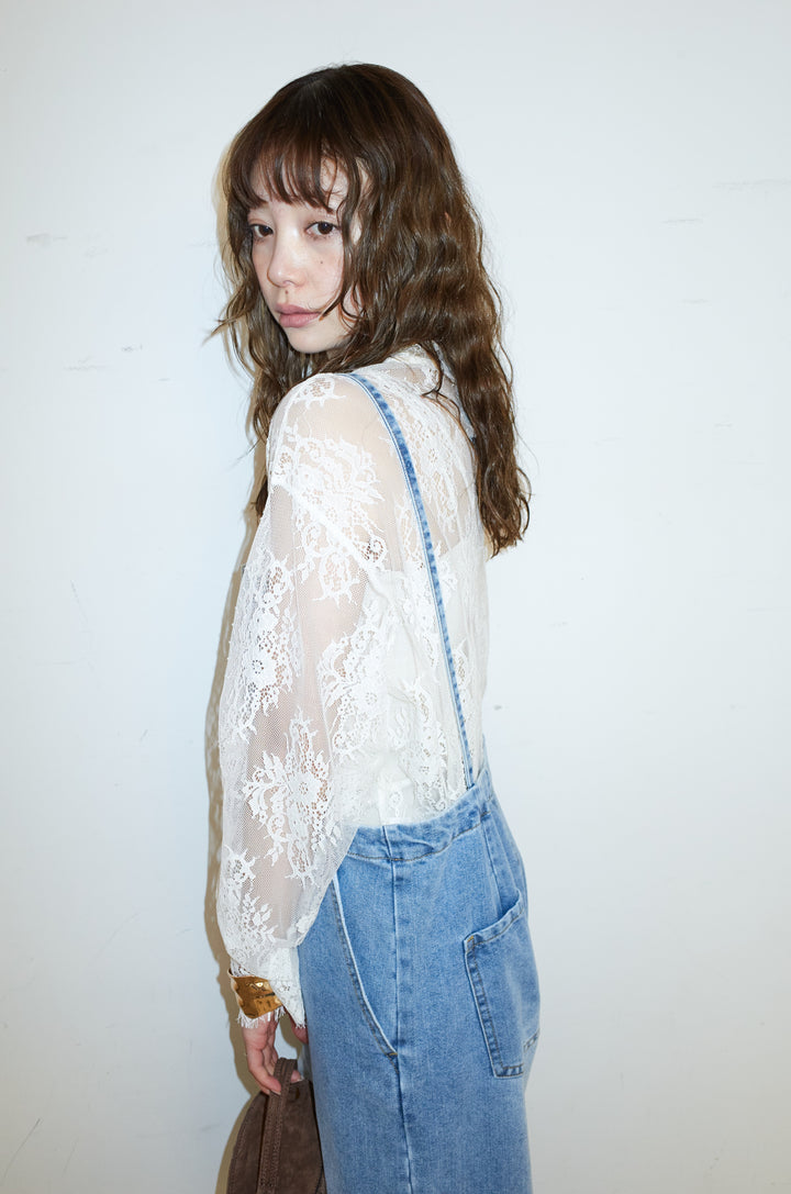 [予約/SET]シアーレースブラウス+フロントジップストラップデザインデニムサロペット(2set)