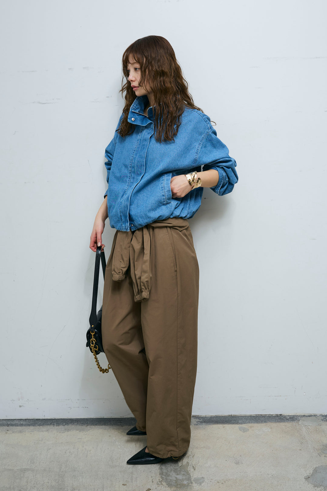 [予約/SET]ボリュームスリーブ デニムブルゾン+合繊ツイルスタンドウエストラップジョガーPT(2set)