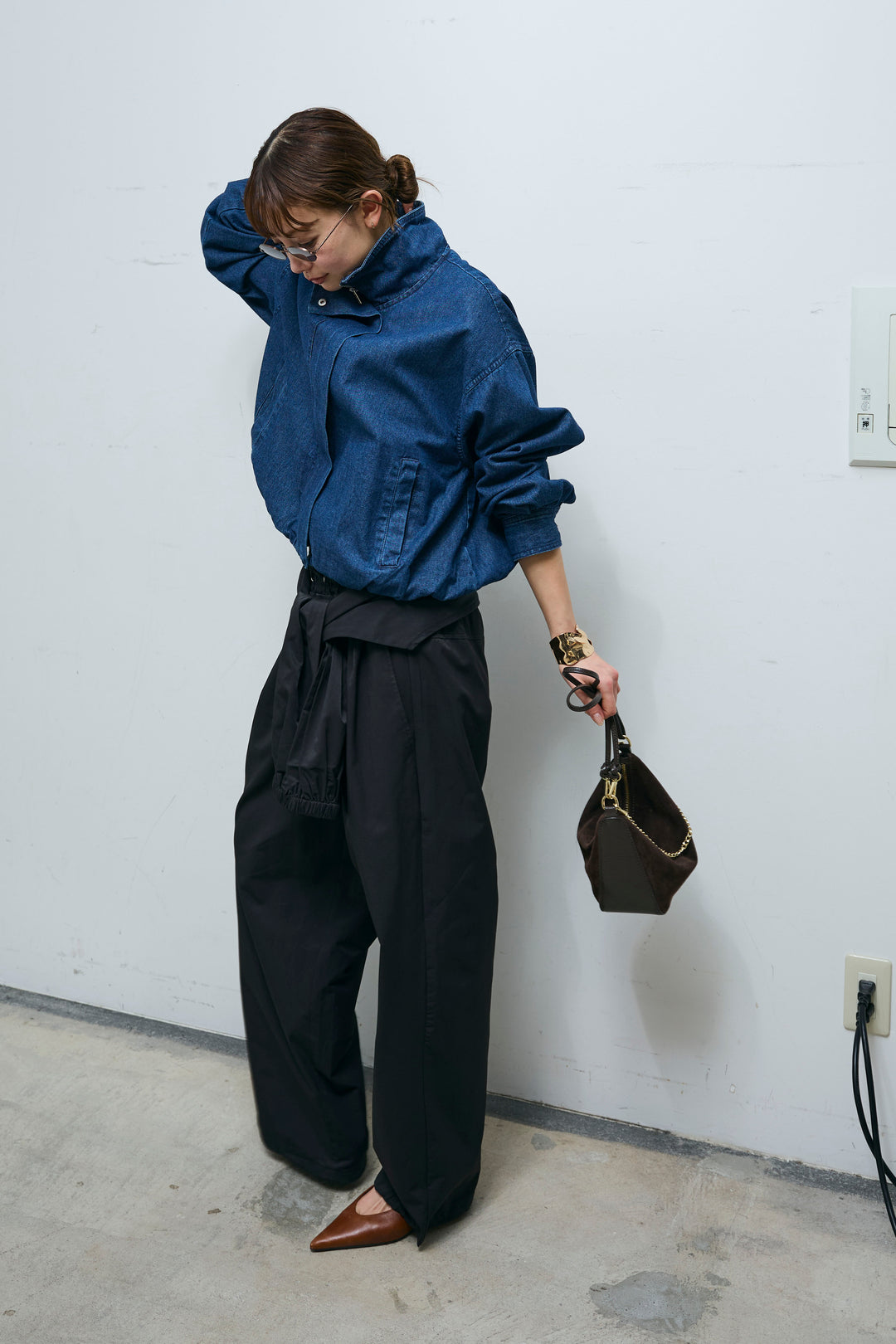 [予約/SET]ボリュームスリーブ デニムブルゾン+合繊ツイルスタンドウエストラップジョガーPT(2set)