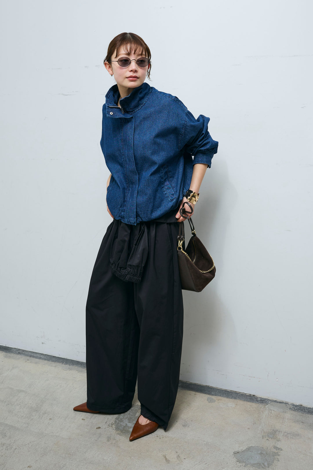 [予約/SET]ボリュームスリーブ デニムブルゾン+合繊ツイルスタンドウエストラップジョガーPT(2set)