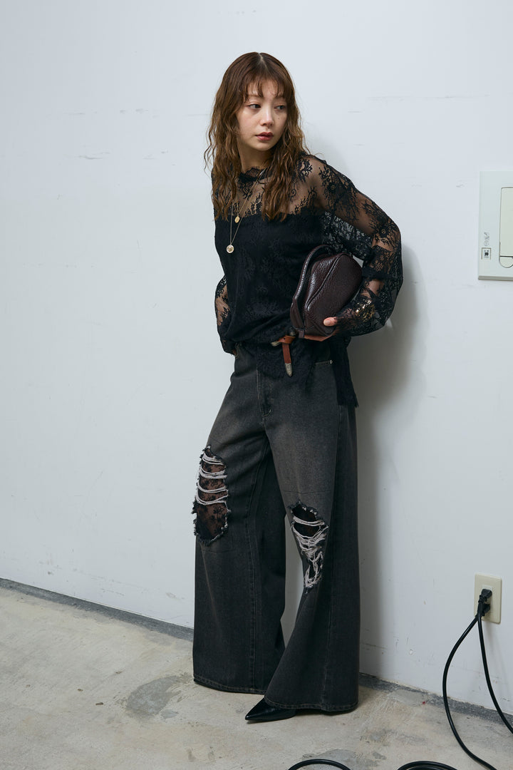 [予約/SET]シアーレースブラウス+レース付きダメージデニム(2set)