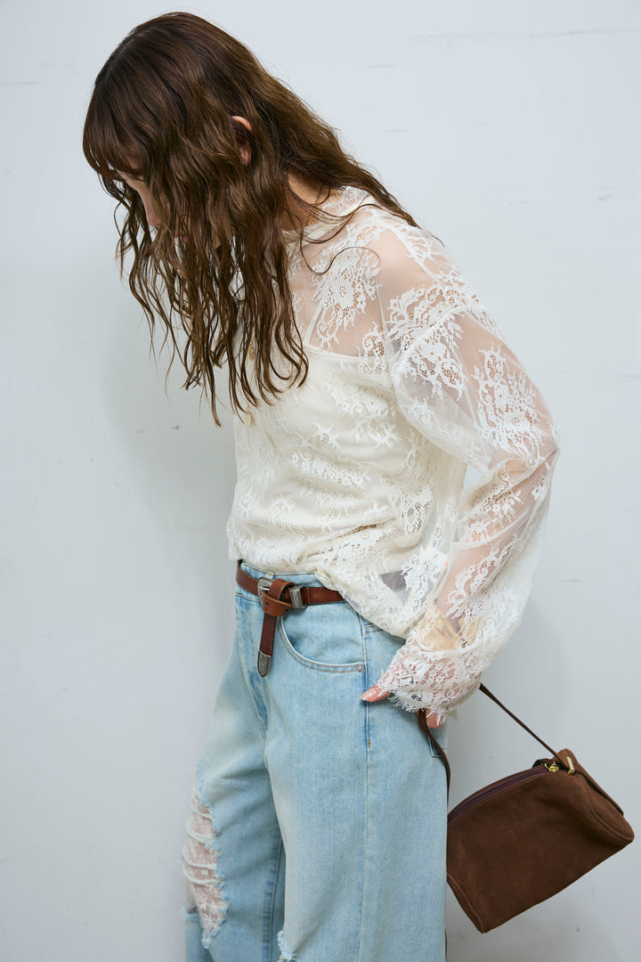 [予約/SET]シアーレースブラウス+レース付きダメージデニム(2set)