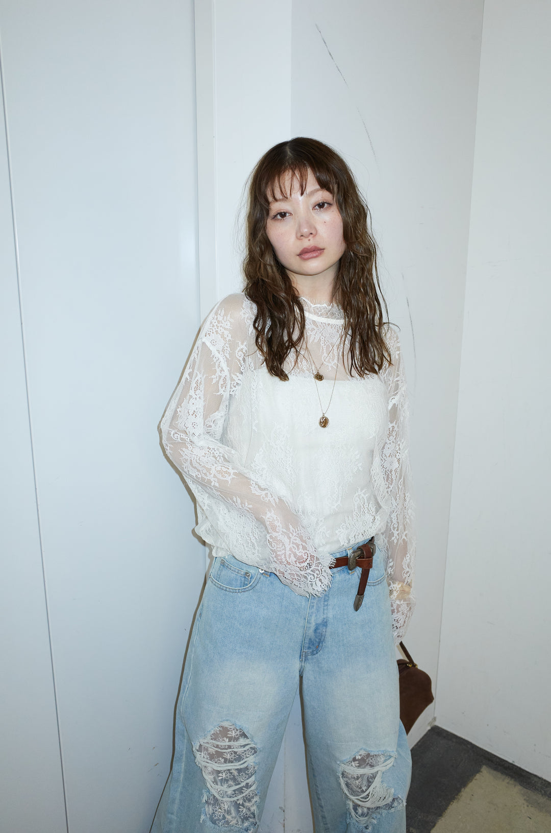 [予約/SET]シアーレースブラウス+レース付きダメージデニム(2set)