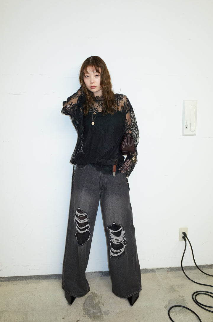 [予約/SET]シアーレースブラウス+レース付きダメージデニム(2set)