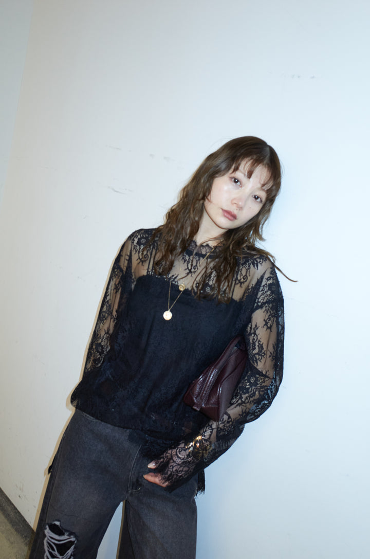 [予約/SET]シアーレースブラウス+レース付きダメージデニム(2set)