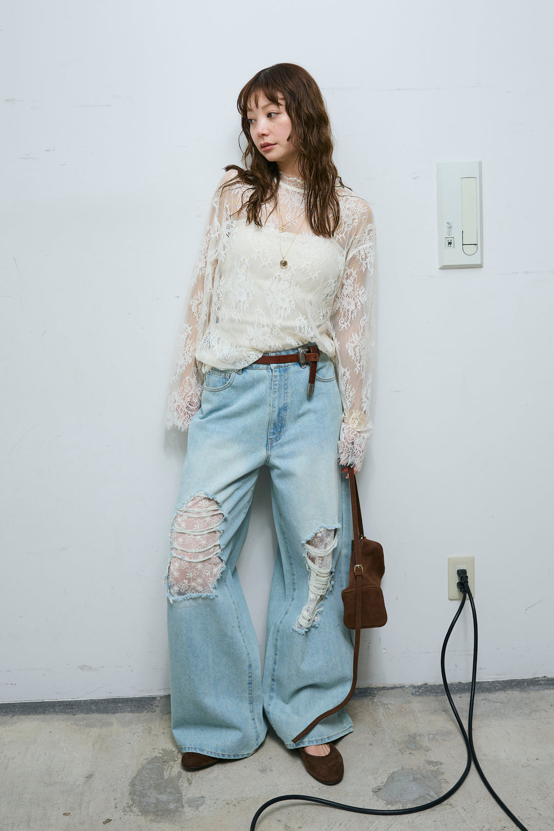 [予約/SET]シアーレースブラウス+レース付きダメージデニム(2set)