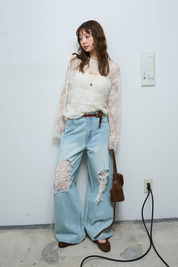 [予約/SET]シアーレースブラウス+レース付きダメージデニム(2set)