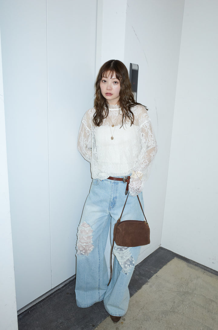 [予約/SET]シアーレースブラウス+レース付きダメージデニム(2set)