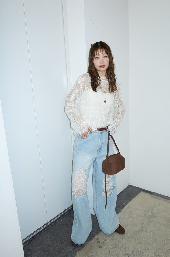 [予約/SET]シアーレースブラウス+レース付きダメージデニム(2set)