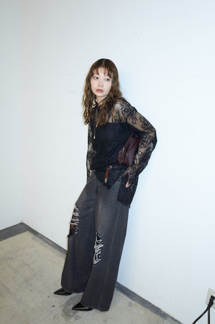 [予約/SET]シアーレースブラウス+レース付きダメージデニム(2set)