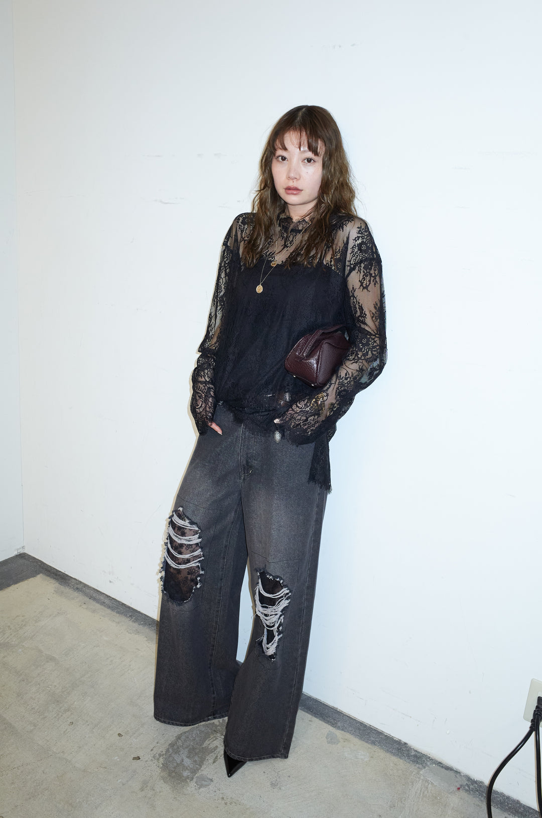 [予約/SET]シアーレースブラウス+レース付きダメージデニム(2set)