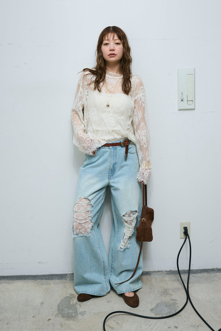 [予約/SET]シアーレースブラウス+レース付きダメージデニム(2set)