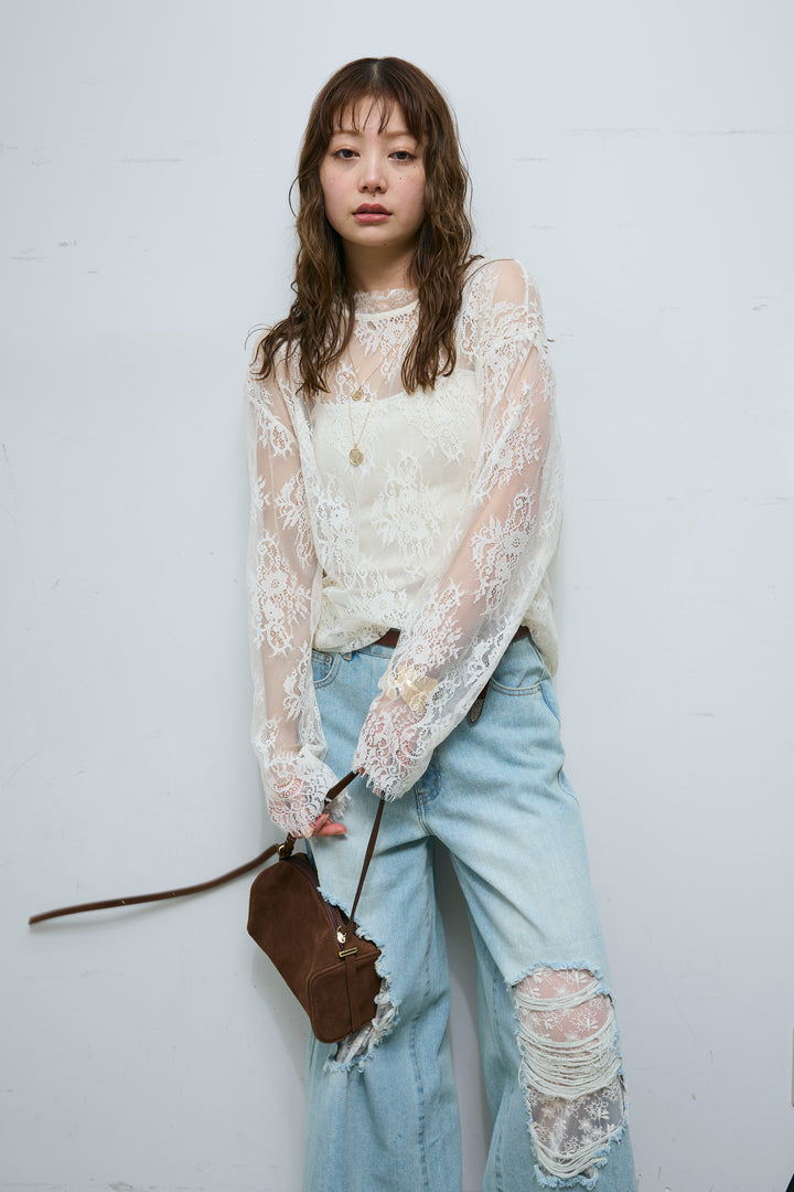 [予約/SET]シアーレースブラウス+レース付きダメージデニム(2set)
