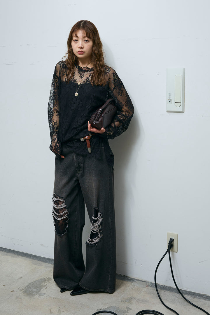 [予約/SET]シアーレースブラウス+レース付きダメージデニム(2set)