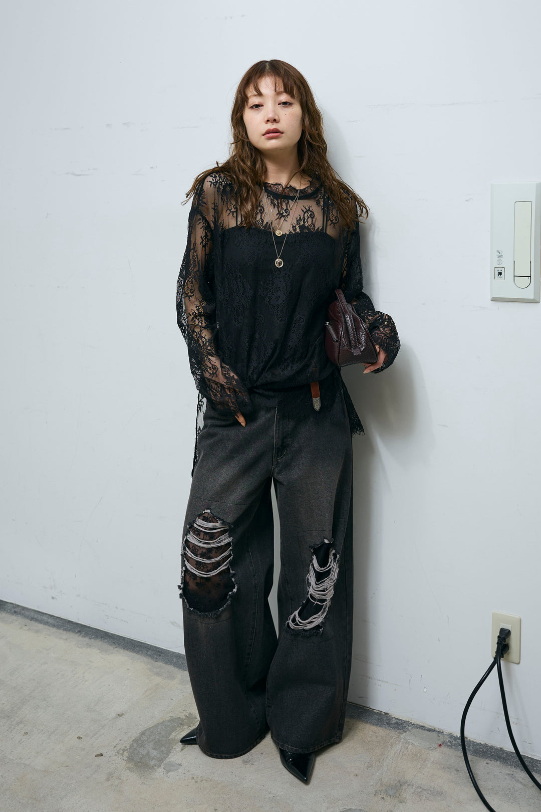 [予約/SET]シアーレースブラウス+レース付きダメージデニム(2set)