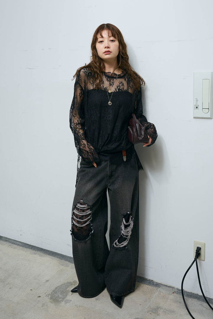 [予約/SET]シアーレースブラウス+レース付きダメージデニム(2set)