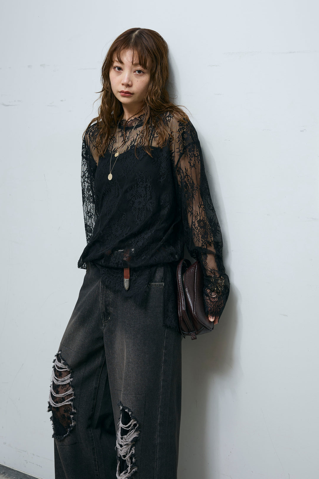 [予約/SET]シアーレースブラウス+レース付きダメージデニム(2set)