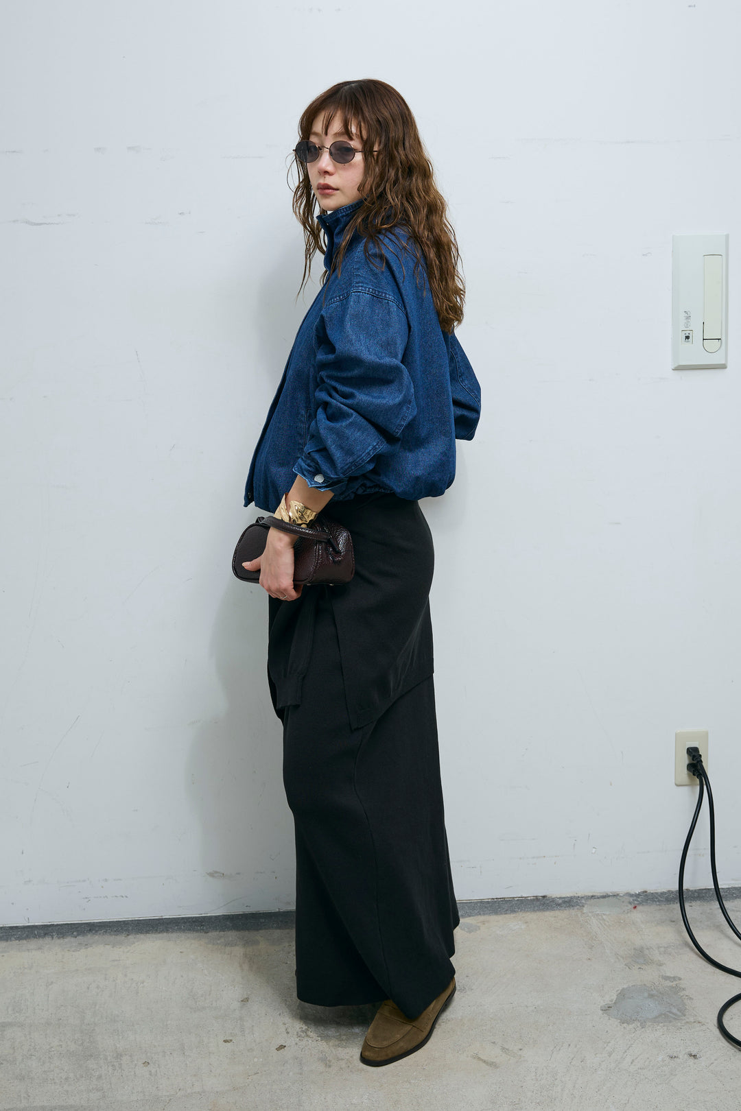 [予約/SET]ボリュームスリーブ デニムブルゾン+フェイクレイヤードニットスカート(2set)