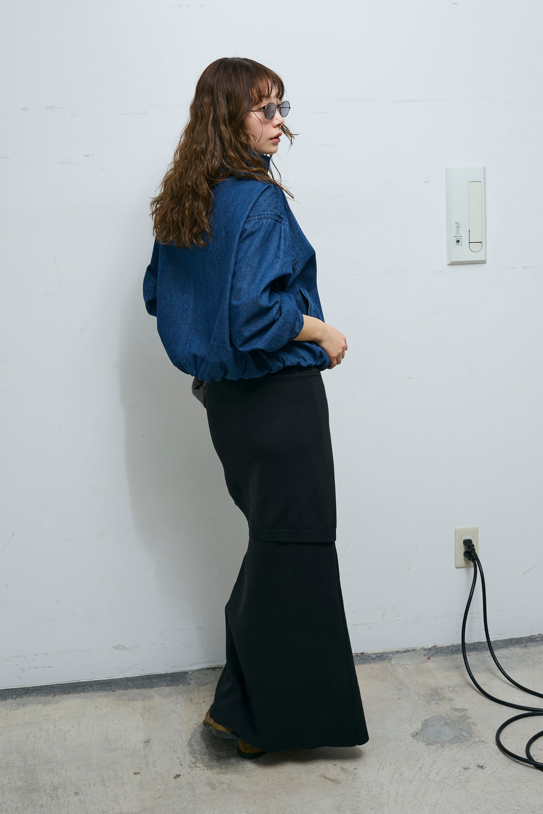 [予約/SET]ボリュームスリーブ デニムブルゾン+フェイクレイヤードニットスカート(2set)