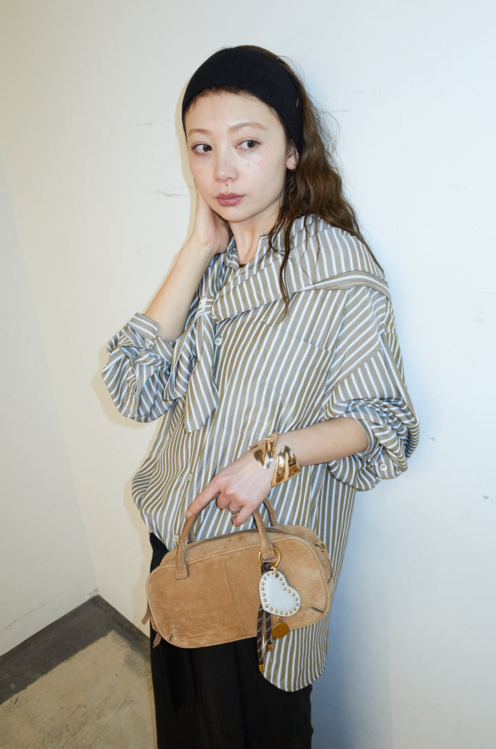 [予約/SET]レーヨンストライプバンドカラーシャツ+フェイクレイヤードニットスカート(2set)