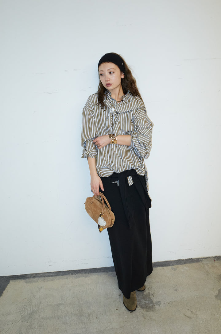 [予約/SET]レーヨンストライプバンドカラーシャツ+フェイクレイヤードニットスカート(2set)