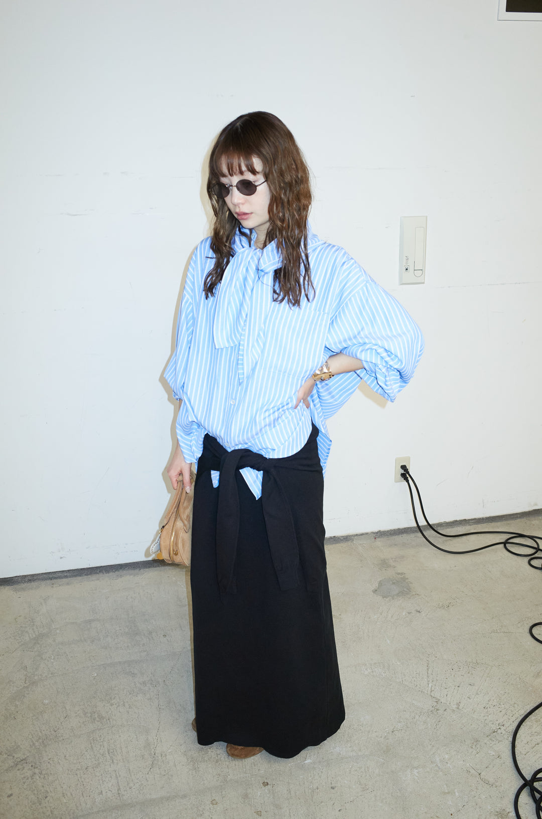 [予約/SET]レーヨンストライプバンドカラーシャツ+フェイクレイヤードニットスカート(2set)