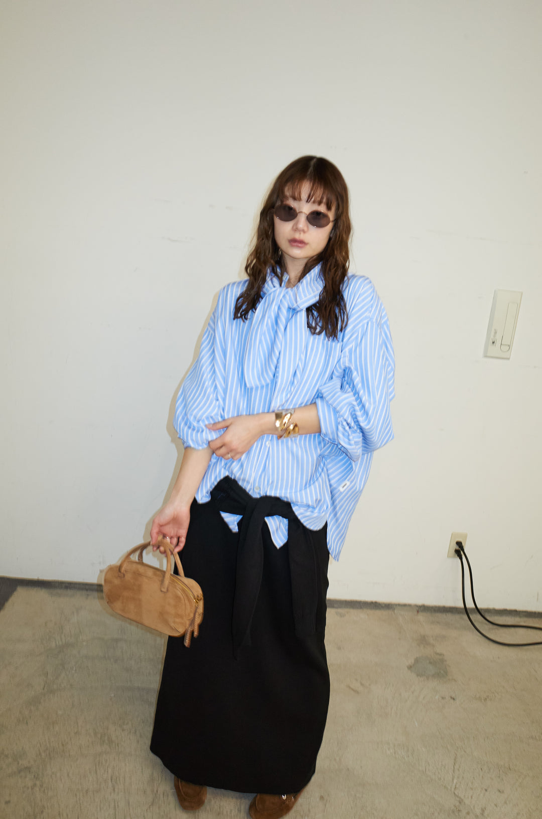 [予約/SET]レーヨンストライプバンドカラーシャツ+フェイクレイヤードニットスカート(2set)