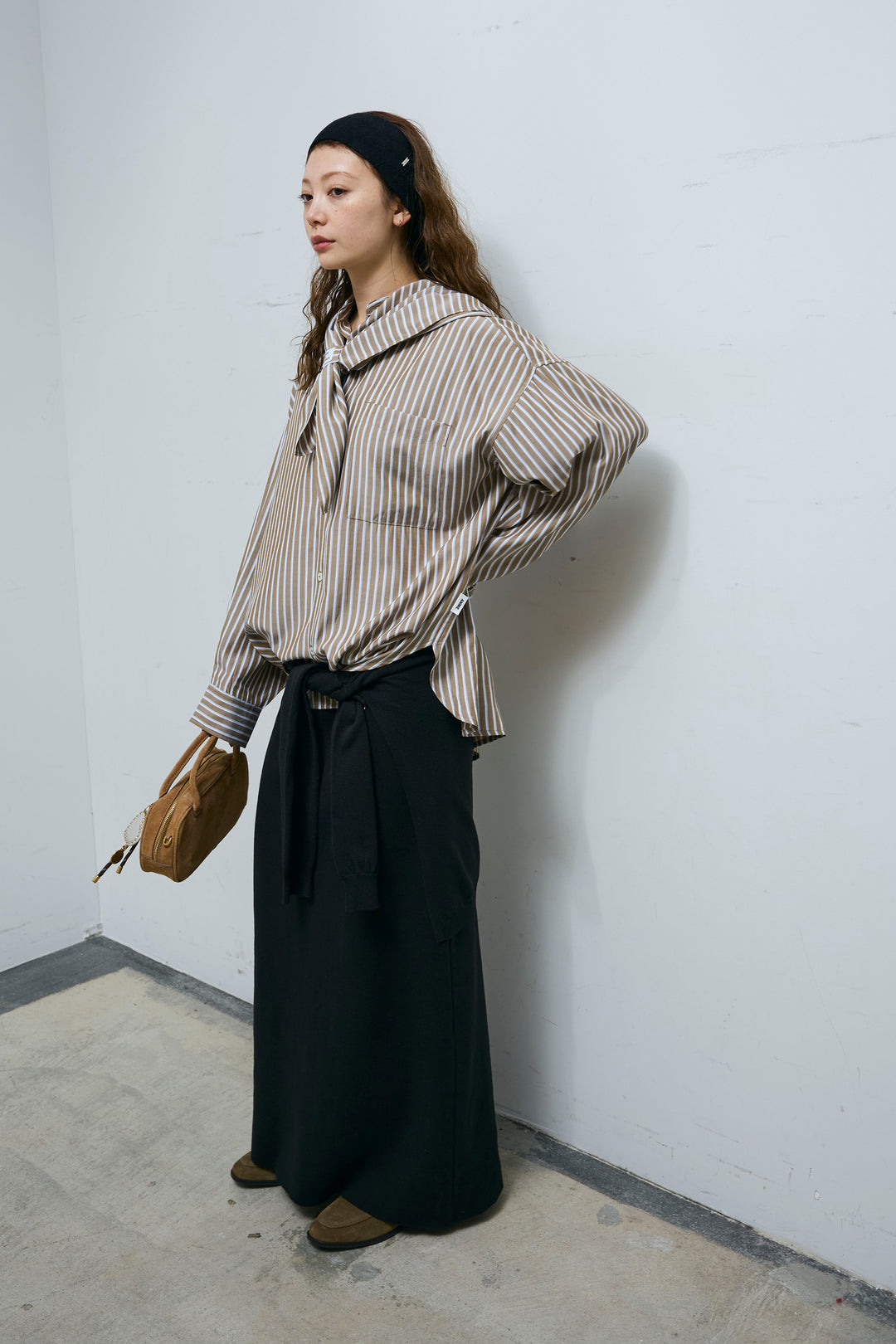 [予約/SET]レーヨンストライプバンドカラーシャツ+フェイクレイヤードニットスカート(2set)