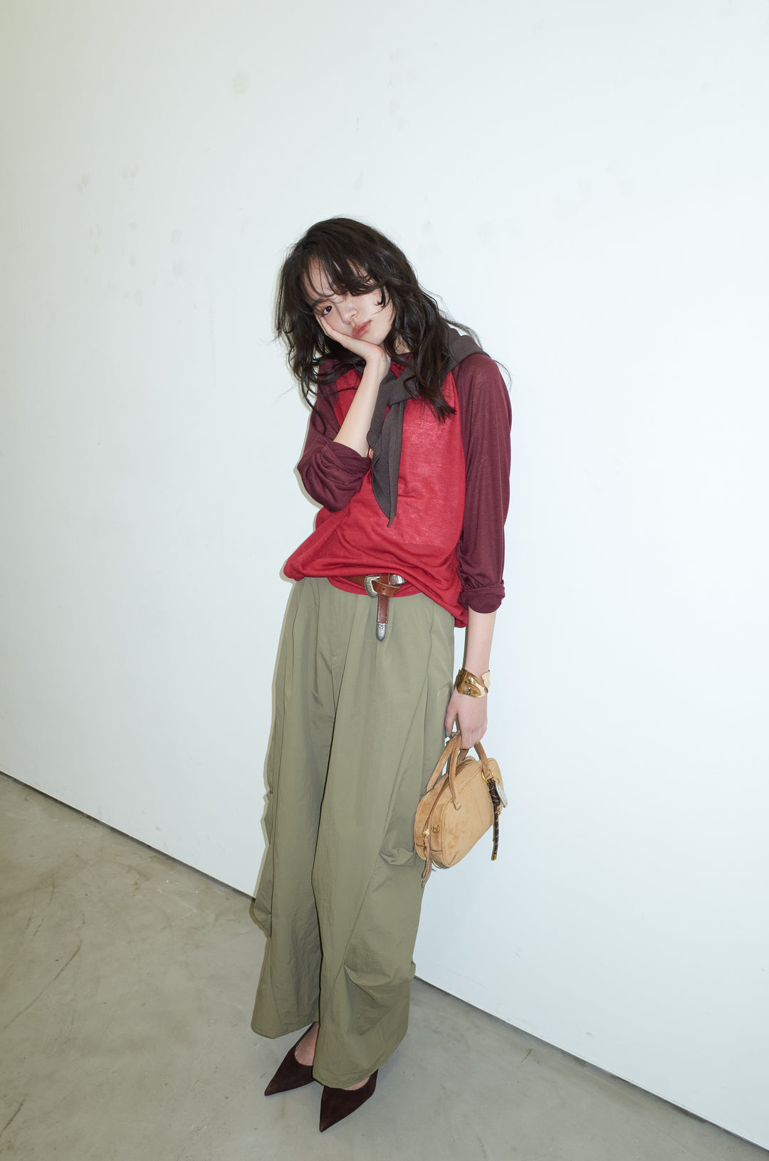 [予約/SET]シアーラグランPO+レーヨン混マルチWAYニットスカーフ+ドライタフタバレルレッグパンツ(3set)