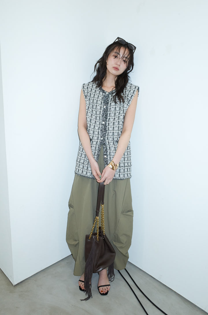 [予約/SET]ツイードライクニットベスト+ドライタフタバレルレッグパンツ(2set)