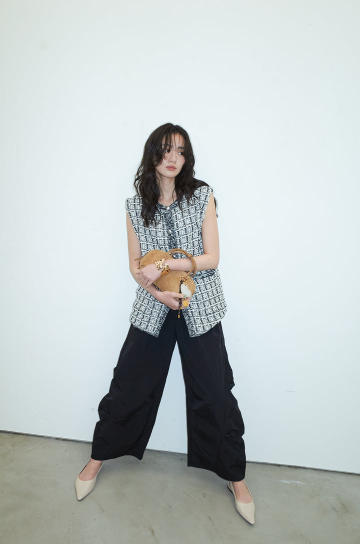 [予約/SET]ツイードライクニットベスト+ドライタフタバレルレッグパンツ(2set)