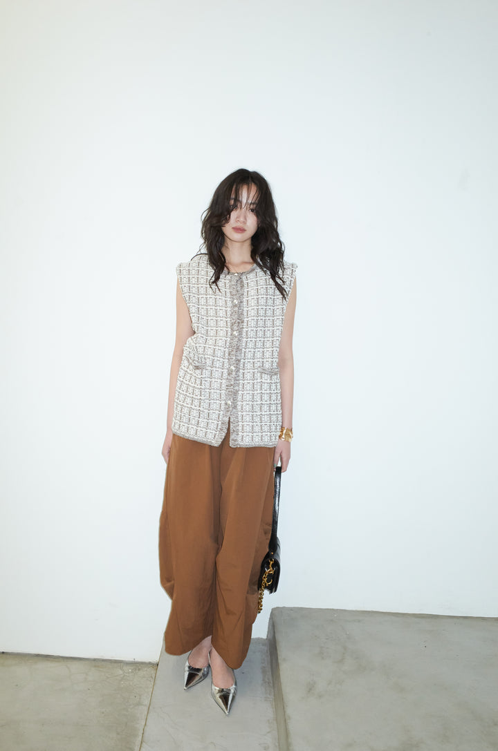 [予約/SET]ツイードライクニットベスト+ドライタフタバレルレッグパンツ(2set)