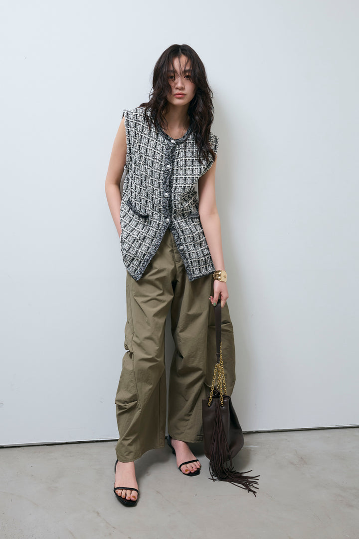 [予約/SET]ツイードライクニットベスト+ドライタフタバレルレッグパンツ(2set)