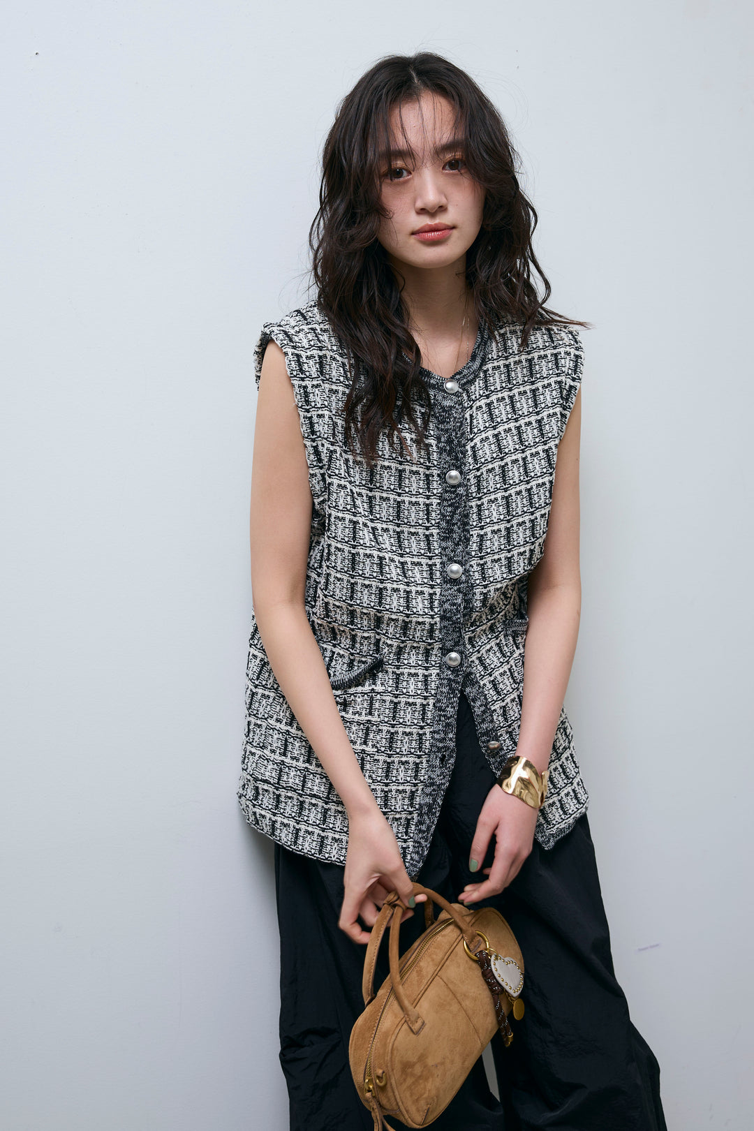 [予約/SET]ツイードライクニットベスト+ドライタフタバレルレッグパンツ(2set)