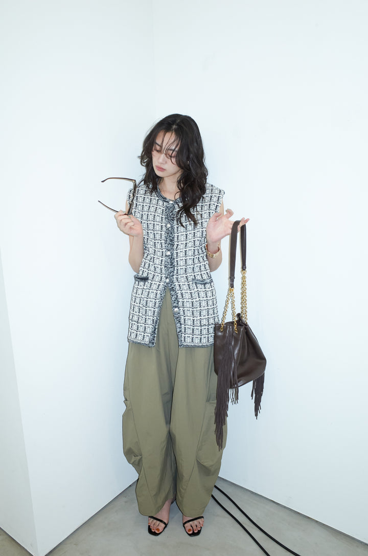 [予約/SET]ツイードライクニットベスト+ドライタフタバレルレッグパンツ(2set)