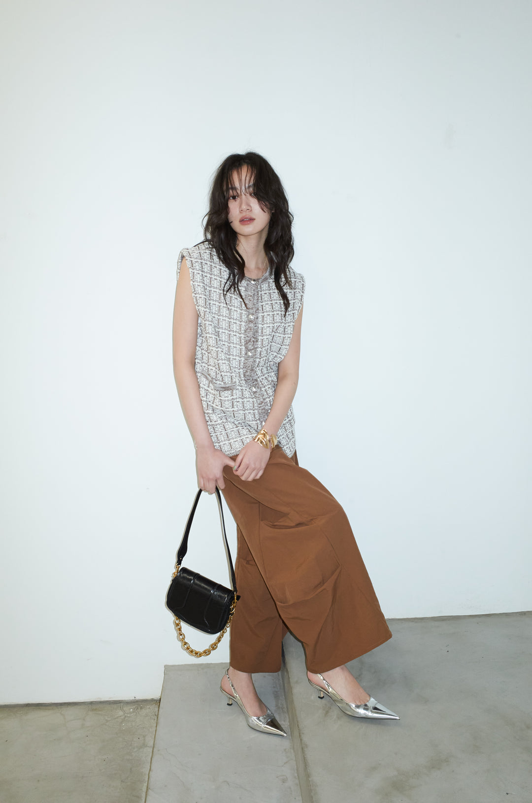 [予約/SET]ツイードライクニットベスト+ドライタフタバレルレッグパンツ(2set)