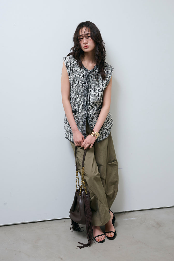 [予約/SET]ツイードライクニットベスト+ドライタフタバレルレッグパンツ(2set)