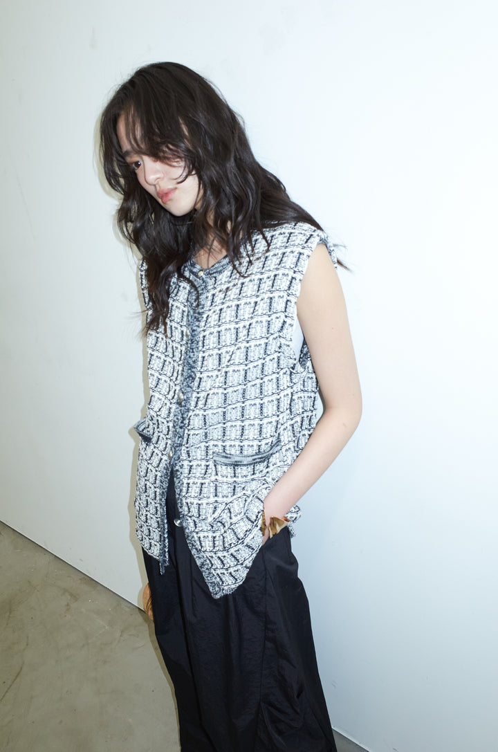 [予約/SET]ツイードライクニットベスト+ドライタフタバレルレッグパンツ(2set)