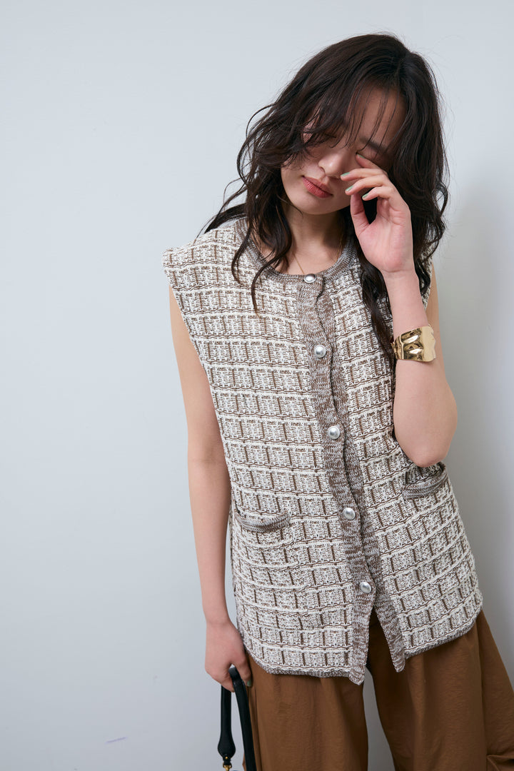 [予約/SET]ツイードライクニットベスト+ドライタフタバレルレッグパンツ(2set)