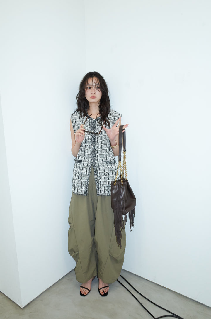 [予約/SET]ツイードライクニットベスト+ドライタフタバレルレッグパンツ(2set)