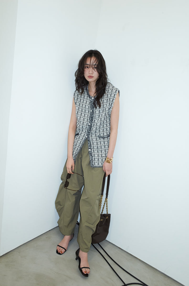 [予約/SET]ツイードライクニットベスト+ドライタフタバレルレッグパンツ(2set)