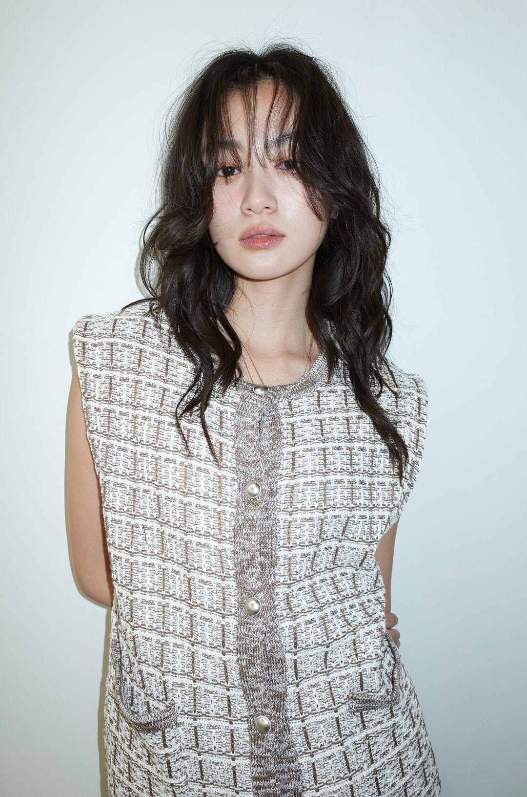 [予約/SET]ツイードライクニットベスト+ドライタフタバレルレッグパンツ(2set)