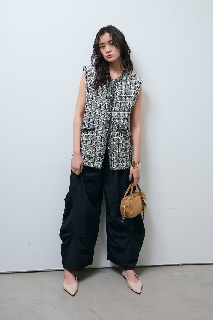 [予約/SET]ツイードライクニットベスト+ドライタフタバレルレッグパンツ(2set)