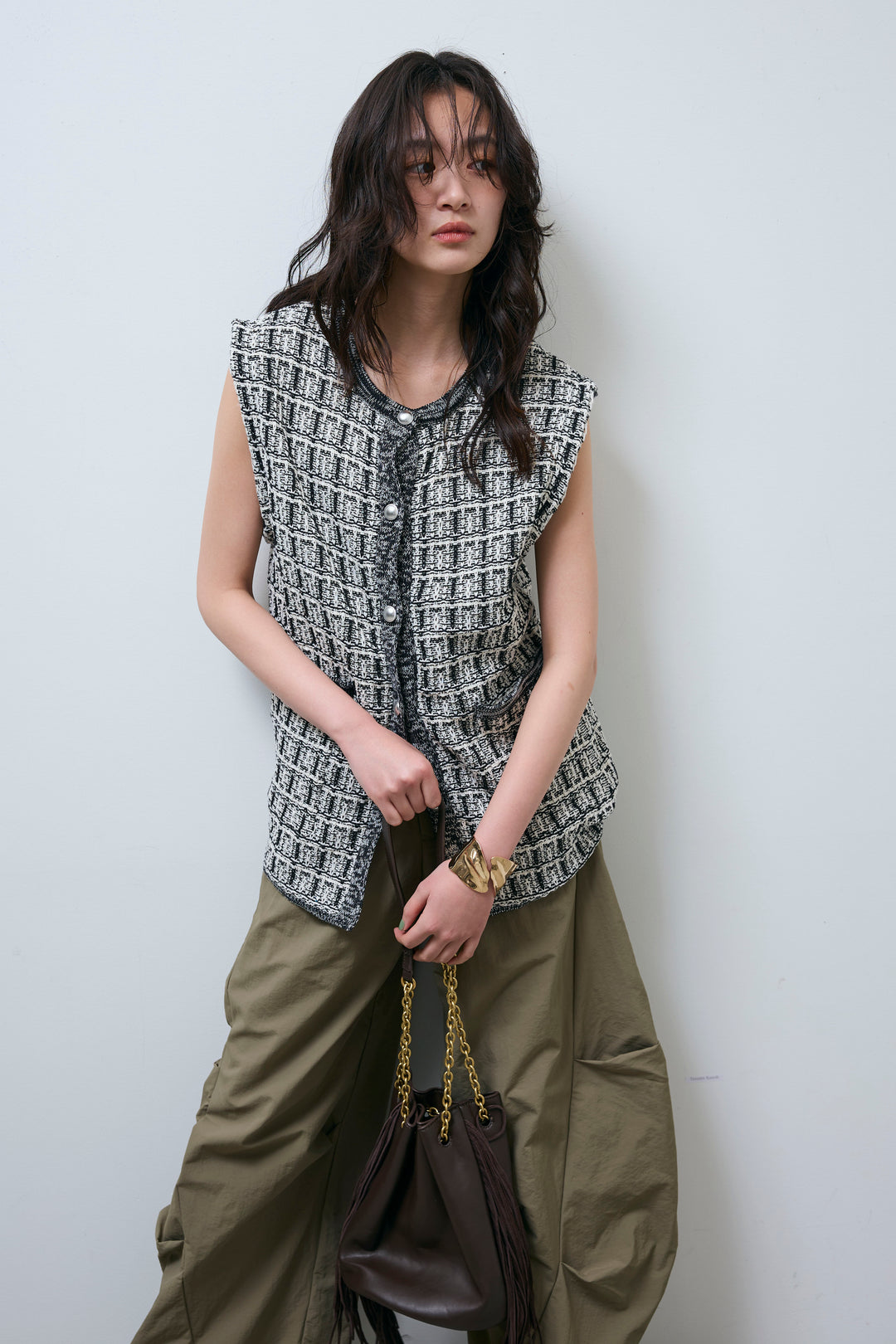 [予約/SET]ツイードライクニットベスト+ドライタフタバレルレッグパンツ(2set)