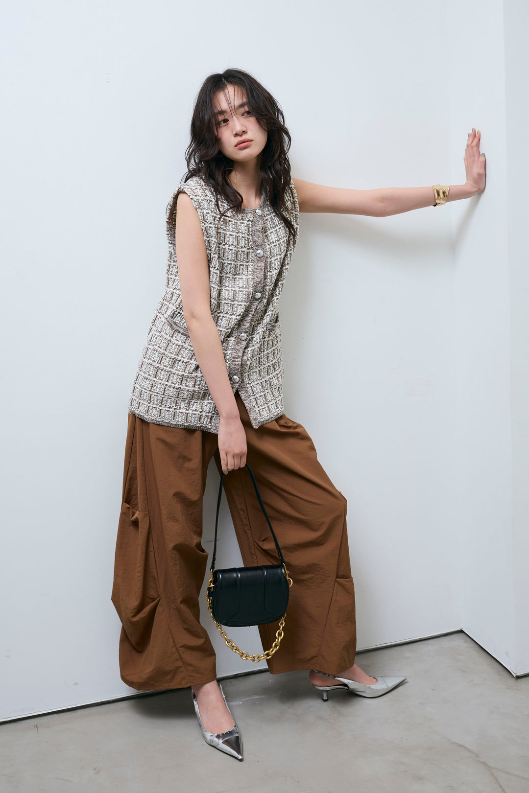 [予約/SET]ツイードライクニットベスト+ドライタフタバレルレッグパンツ(2set)